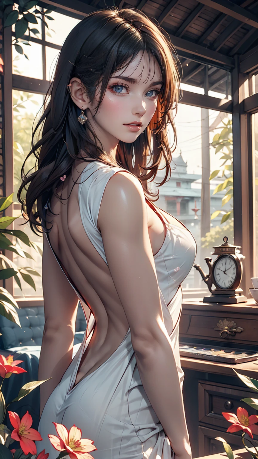 Myanmar girl big ass、A Myanmar dress with a wide open back、The flower painting is very detailed, Soft lighting effects, Cinematic look, Beautiful Hair、Sticking out her buttocks to show to the viewers