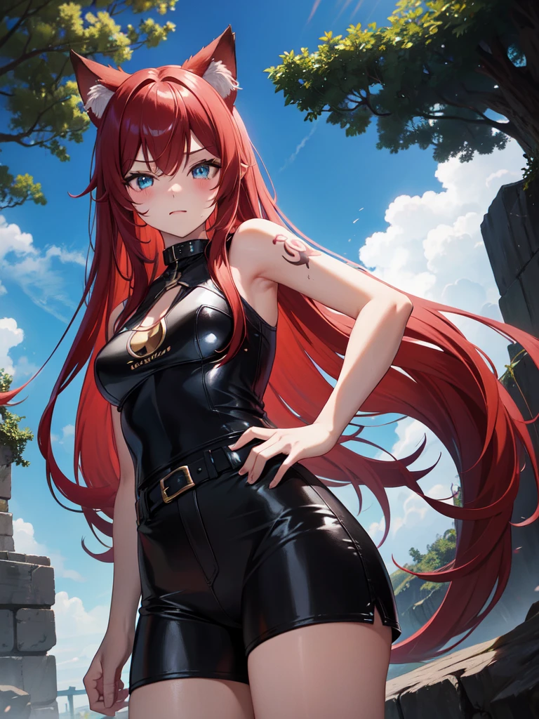young girl, Long red hair, Cyan eyes, Cat's ears, Black leather t-shirt, Sleeveless, Outdoor Hivot, Tatoo, neckline on the chest, กางเกงขาสั้น, กางเกงในสีขาว, camel toe, wet, Masterpiece, hiquality