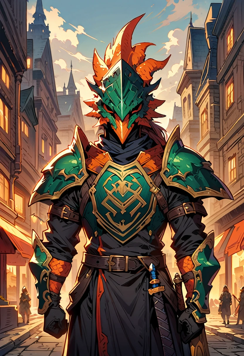 DnD character art, fantasy warrior with dragon head helmet and orange scales holding sword in hand standing on city street, green , black leather gloves, high details, in the style of fantasy., knight dragon, big sword, upperbody, holdingsword