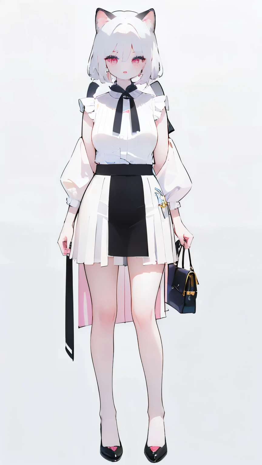 Tsundere 18 year old girl, beautiful and delicate eyes, beautiful lips, very detailed 눈과 얼굴, long eyelashes, 1girl, white cat ears, foot long bag, Front view, Red-eye, (top quality, 4K, 8K, high resolution, masterpiece:1.2), very detailed, (realistic인, realistic인, realistic인, realistic인, realistic: 1.37), very large breasts, elegant, fantasy, white background, , I can see my armpits, white hair, Under the chest