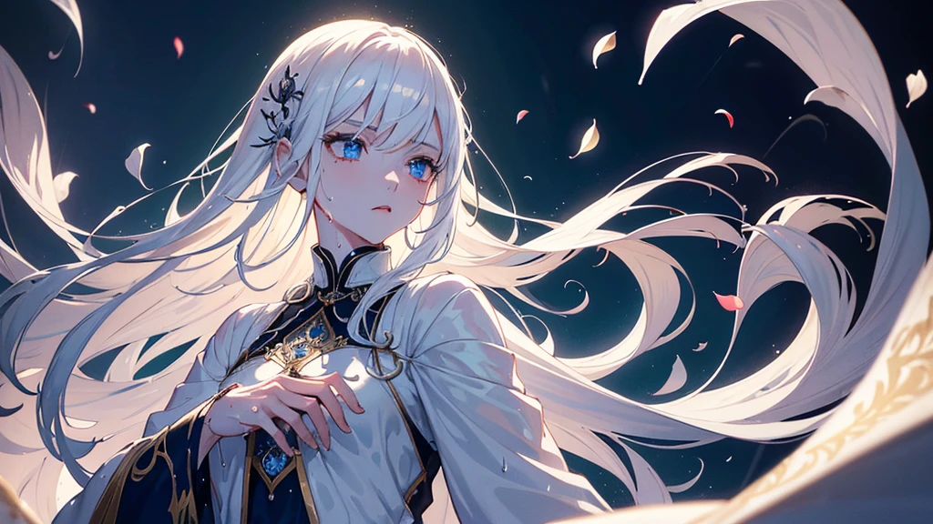 An extremely detailed illustration of a vampire girl on the town, perfect body, (anime illustration), medieval, ((detailed fantasy town)), (detailed sky), (detailed buildings), (small height), {detailed eyes). (white hair), (blue eyes), white plain shirt, tunic, pants, (dramatic lighting), ((Masterpiece)), ((white winds)), ((perfect detailed hands)), detailed leaves, ((intricate detail)), Jewel-like eyes, (sharp eyes), long hair, (((smooth wet skin))), fierce look, (flowers), sunlight, ((surrounded by floating petal)), focus on the subject, chiaroscuro, kingdom, HD wallpaper, UHD image, trending on Pixiv