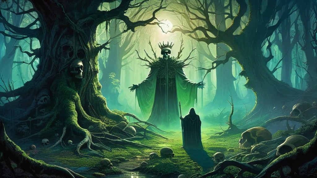 image of an old king standing in a dense, shadowy forest, holding a skull with a look of deep contemplation. The forest, ancient and mystical, is filled with towering, gnarled trees whose branches twist and intertwine above, blocking out most of the light and casting the scene in a dim, eerie twilight. The forest floor is covered with a thick carpet of fallen leaves, moss, and tangled roots.

The old king, dressed in tattered royal robes that hint at former grandeur, stands solemnly amidst the trees. His crown, once a symbol of power and authority, is now worn and tarnished, barely clinging to his thinning white hair. His face, lined with age and sorrow, reflects years of wisdom, loss, and contemplation.

In his hands, he holds a skull, its hollow eyes staring back at him. The king's expression is one of deep reflection, as if he is communing with the past or pondering the fate that awaits him. The skull, weathered and cracked, is a stark reminder of mortality and the passage of time.

The surrounding forest is alive with subtle details: faint whispers of wind through the leaves, the distant calls of nocturnal creatures, and the soft glow of bioluminescent fungi clinging to the bark of the trees. Rays of moonlight occasionally pierce through the canopy, illuminating patches of the scene with a ghostly light.

This image captures a moment of profound introspection and mystery, blending themes of power, decay, and the inexorable march of time in a dark medieval fantasy setting.