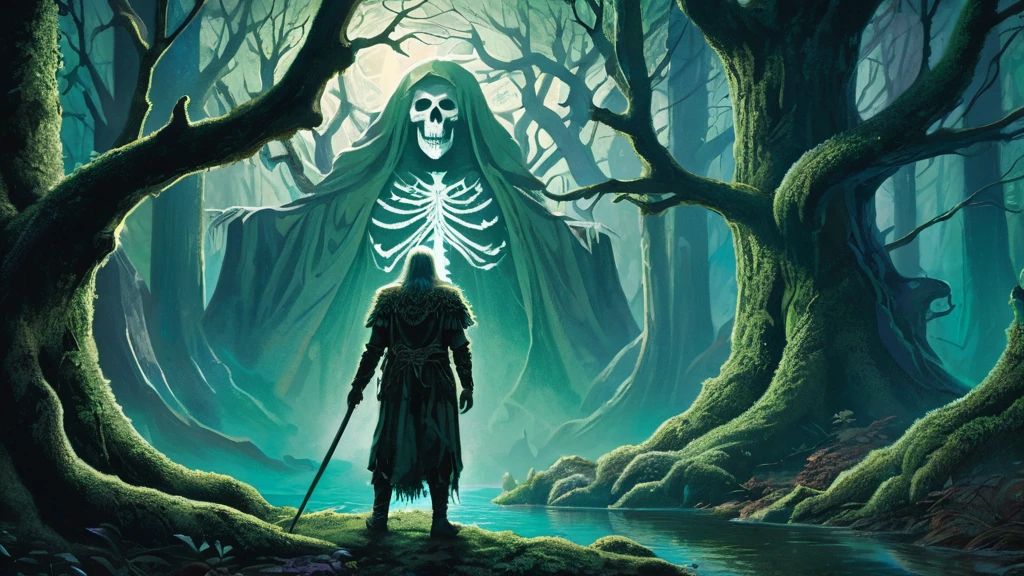 image of an old king standing in a dense, shadowy forest, holding a skull with a look of deep contemplation. The forest, ancient and mystical, is filled with towering, gnarled trees whose branches twist and intertwine above, blocking out most of the light and casting the scene in a dim, eerie twilight. The forest floor is covered with a thick carpet of fallen leaves, moss, and tangled roots.
The old king, dressed in tattered royal robes that hint at former grandeur, stands solemnly amidst the trees. His crown, once a symbol of power and authority, is now worn and tarnished, barely clinging to his thinning white hair. His face, lined with age and sorrow, reflects years of wisdom, loss, and contemplation.
In his hands, he holds a skull, its hollow eyes staring back at him. The king's expression is one of deep reflection, as if he is communing with the past or pondering the fate that awaits him. The skull, weathered and cracked, is a stark reminder of mortality and the passage of time.
The surrounding forest is alive with subtle details: faint whispers of wind through the leaves, the distant calls of nocturnal creatures, and the soft glow of bioluminescent fungi clinging to the bark of the trees. Rays of moonlight occasionally pierce through the canopy, illuminating patches of the scene with a ghostly light.
This image captures a moment of profound introspection and mystery, blending themes of power, decay, and the inexorable march of time in a dark medieval fantasy setting.