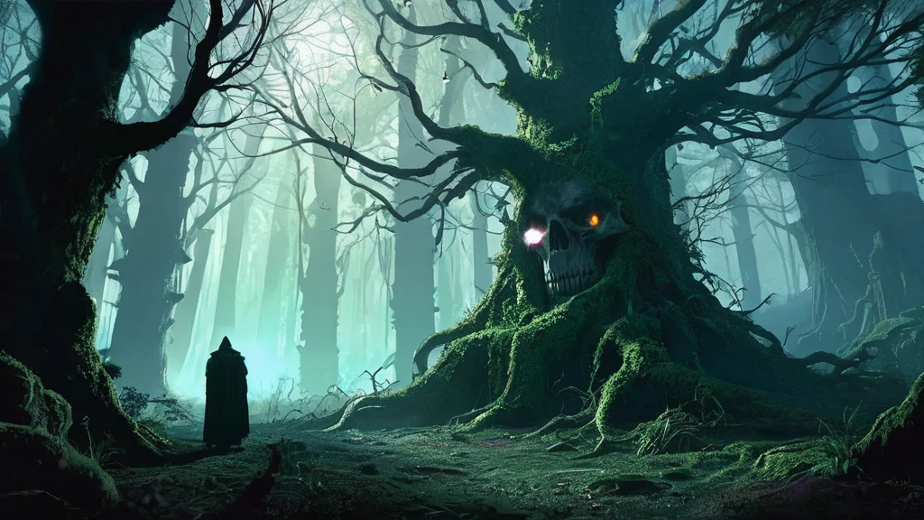 image of an old king standing in a dense, shadowy forest, holding a skull with a look of deep contemplation. The forest, ancient and mystical, is filled with towering, gnarled trees whose branches twist and intertwine above, blocking out most of the light and casting the scene in a dim, eerie twilight. The forest floor is covered with a thick carpet of fallen leaves, moss, and tangled roots.

The old king, dressed in tattered royal robes that hint at former grandeur, stands solemnly amidst the trees. His crown, once a symbol of power and authority, is now worn and tarnished, barely clinging to his thinning white hair. His face, lined with age and sorrow, reflects years of wisdom, loss, and contemplation.

In his hands, he holds a skull, its hollow eyes staring back at him. The king's expression is one of deep reflection, as if he is communing with the past or pondering the fate that awaits him. The skull, weathered and cracked, is a stark reminder of mortality and the passage of time.

The surrounding forest is alive with subtle details: faint whispers of wind through the leaves, the distant calls of nocturnal creatures, and the soft glow of bioluminescent fungi clinging to the bark of the trees. Rays of moonlight occasionally pierce through the canopy, illuminating patches of the scene with a ghostly light.

This image captures a moment of profound introspection and mystery, blending themes of power, decay, and the inexorable march of time in a dark medieval fantasy setting.