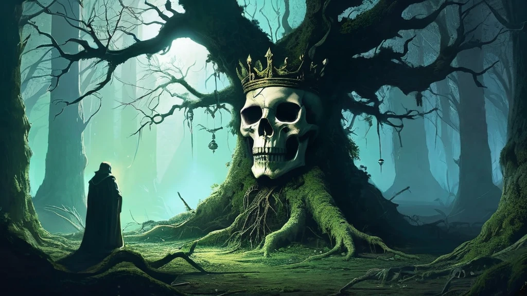 image of an old king standing in a dense, shadowy forest, holding a skull with a look of deep contemplation. The forest, ancient and mystical, is filled with towering, gnarled trees whose branches twist and intertwine above, blocking out most of the light and casting the scene in a dim, eerie twilight. The forest floor is covered with a thick carpet of fallen leaves, moss, and tangled roots.
The old king, dressed in tattered royal robes that hint at former grandeur, stands solemnly amidst the trees. His crown, once a symbol of power and authority, is now worn and tarnished, barely clinging to his thinning white hair. His face, lined with age and sorrow, reflects years of wisdom, loss, and contemplation.
In his hands, he holds a skull, its hollow eyes staring back at him. The king's expression is one of deep reflection, as if he is communing with the past or pondering the fate that awaits him. The skull, weathered and cracked, is a stark reminder of mortality and the passage of time.
The surrounding forest is alive with subtle details: faint whispers of wind through the leaves, the distant calls of nocturnal creatures, and the soft glow of bioluminescent fungi clinging to the bark of the trees. Rays of moonlight occasionally pierce through the canopy, illuminating patches of the scene with a ghostly light.
This image captures a moment of profound introspection and mystery, blending themes of power, decay, and the inexorable march of time in a dark medieval fantasy setting.