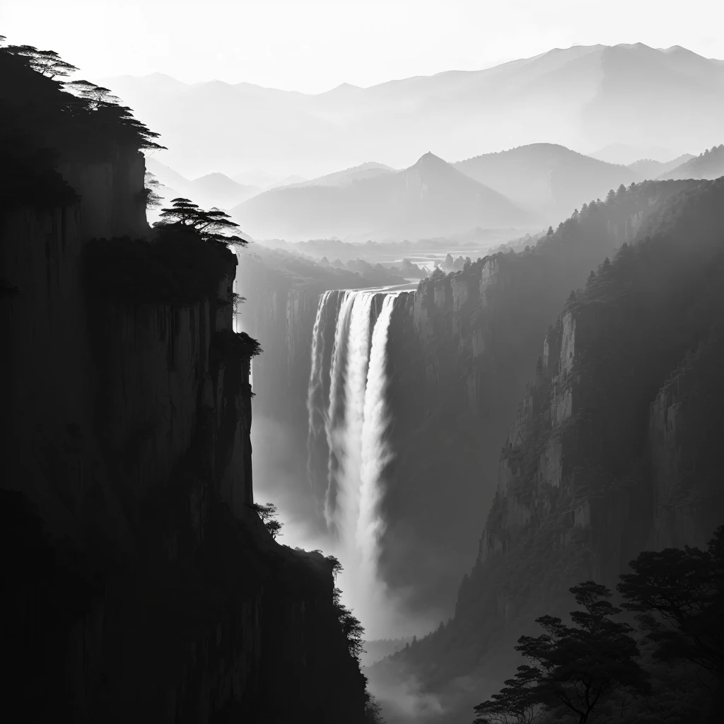 Arav landscape with waterfall and some trees in the mountains, Black and white matte, Fanhao Photography, author:Ren Xiong, by Cheng Jiasui, by Fei Danxu, Nguyen Gia, Ross Chen. Landscape background, by Xu Wei, by Xia Yong, by Zheng Xie, author Shen Zhou
