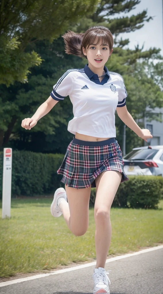 Battlefield Background，Wear a school uniform，Plaid miniskirt，The short-haired girl in sneakers is fleeing the battlefield，sweat，For the audience，Running Action，Full body close-up