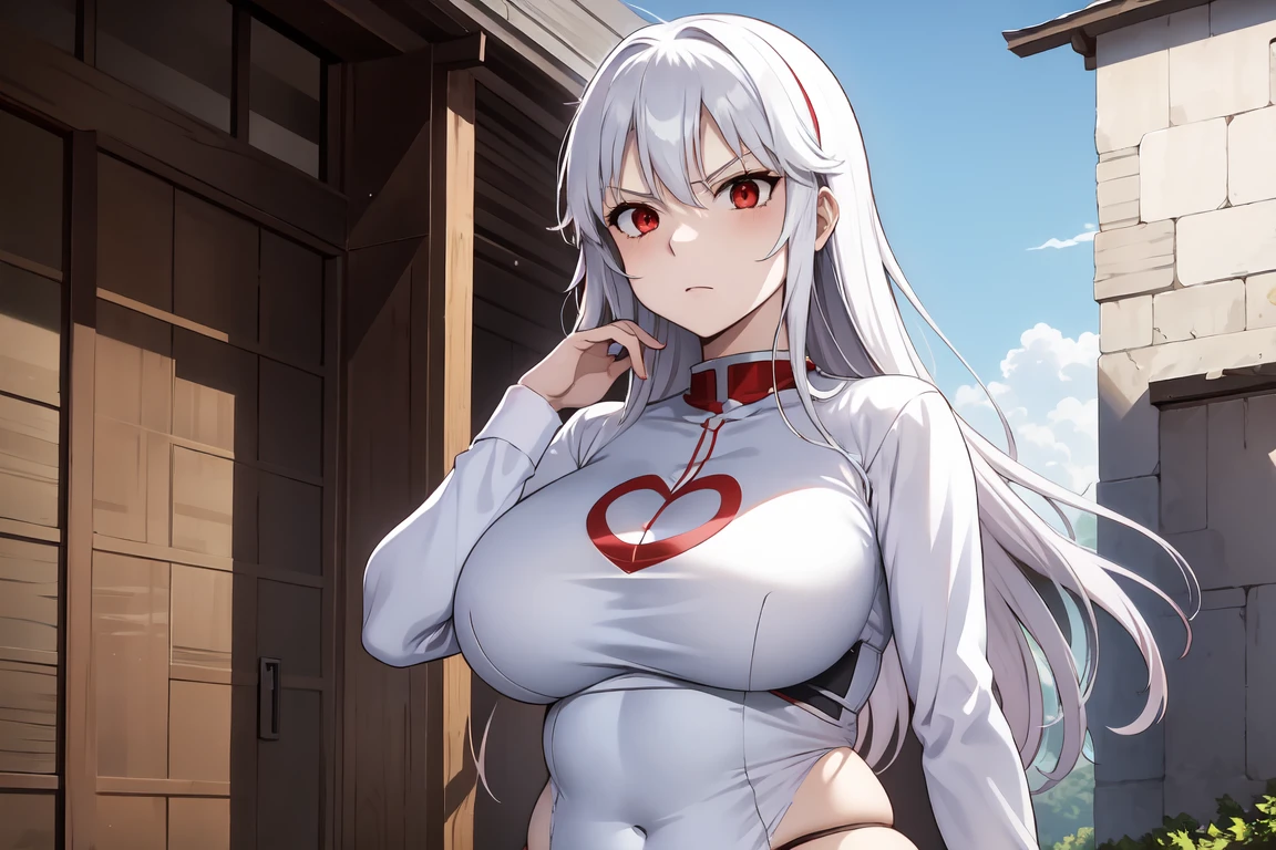 red eyes, accelerator (toaru majutsu no index), white hair, shirt, girl:1.3, massive breasts, wide hips, outdoors, lake, upper body, torn clothes, massive hips