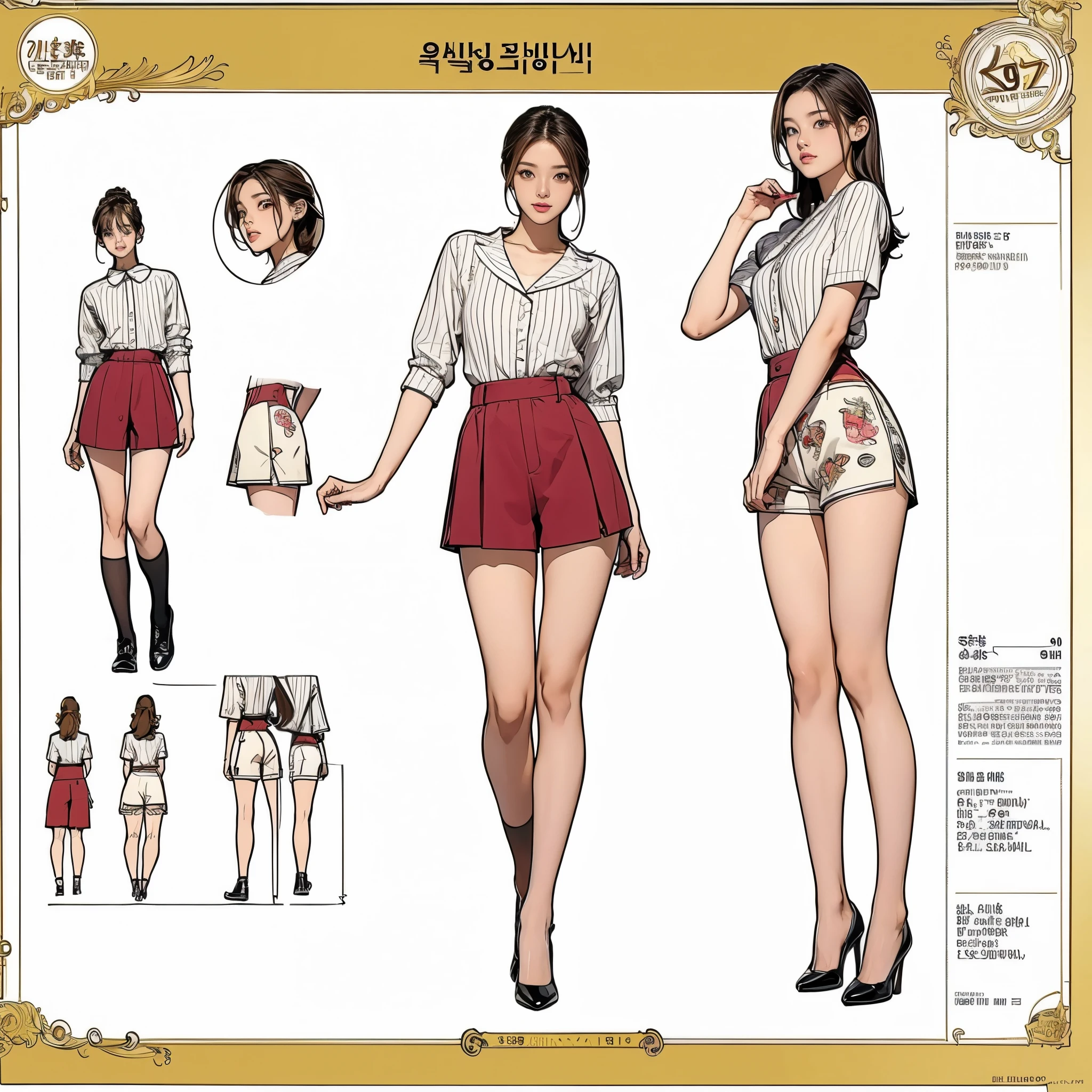 ((masterpiece,best quality;1.3,best illustration)),((character design sheet)) 1 woman,19 year old attractive beauty, seoul, short pants,, 165cm, Chic stage costumes,, 
