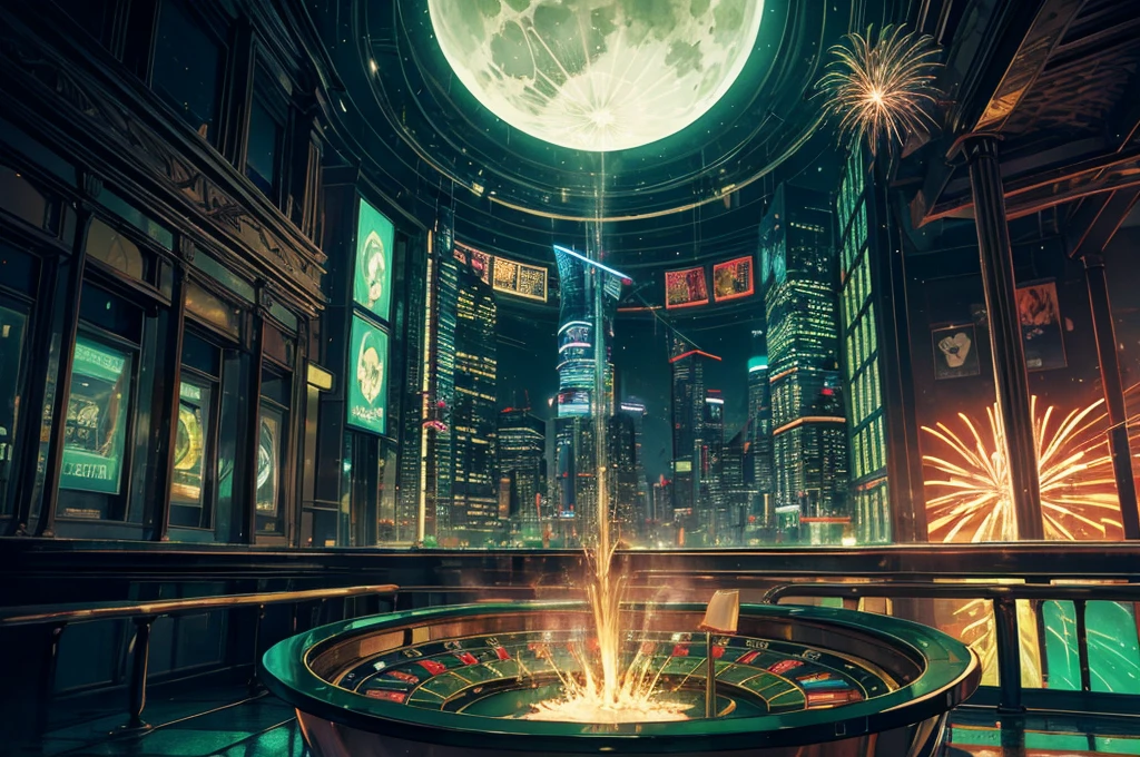 green casino, night, downtown, HDR, 4k resolution, green moon, firework, modern architecture, slot machine, indoor