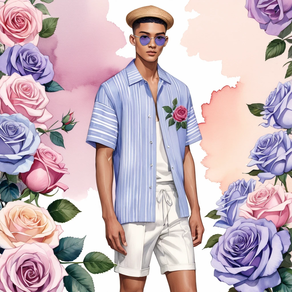 candid fashion illustration of young Mixed race 2man, both aged 18-23 year old, ((showcase fashion look book in linen outfits)), the design inspired of The Blue for You rose by David Austin, in elegant chic style. The man wears an oversized short-sleeved shirt with a minimal rose embroidery details, paired with relaxed-fit white Short with Drawstring, He completes his look with white sneakers and round glasses. The boyfriend complements him in a skinny fitted speedo in a stripe pattern, semi bulge, He resemble includes an accessorizes with a brimmed straw hat and white sneakers, Captured in a low angle, ((full-body image)), ((roses motifs background)), fashion sketching, realistic drawing, ((imperfect water color drawing background)), fashion look book, fashion illustrator, fashion sketch design, gay, gay couple, Blue for You Rose, Purple-mauve, notable for its unique mauve or lavender-blue color. The semi-double blooms have a delicate, soft blue-lavender hue, unusual color in the rose spectrum.