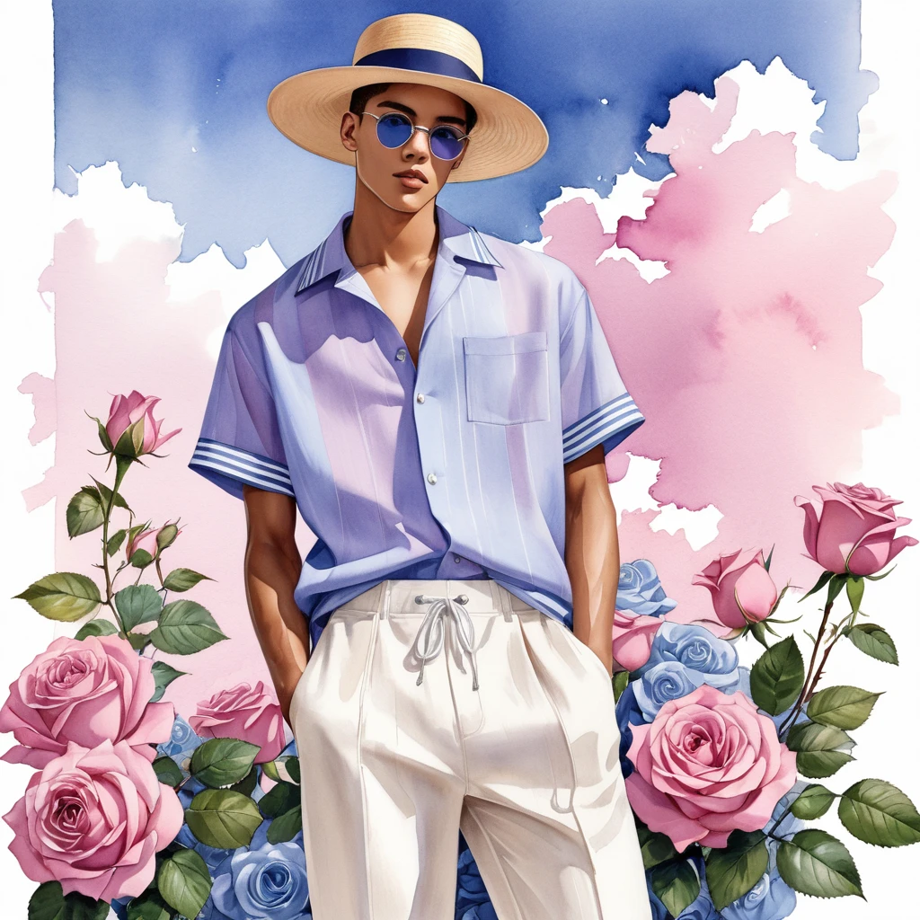 candid fashion illustration of young Mixed race 2man, both aged 18-23 year old, ((showcase fashion look book in linen outfits)), the design inspired of The Blue for You rose by David Austin, in elegant chic style. The man wears an oversized short-sleeved shirt with a minimal rose embroidery details, paired with relaxed-fit white Short with Drawstring, He completes his look with white sneakers and round glasses. The boyfriend complements him in a skinny fitted speedo in a stripe pattern, semi bulge, He resemble includes an accessorizes with a brimmed straw hat and white sneakers, Captured in a low angle, ((full-body image)), ((roses motifs background)), fashion sketching, realistic drawing, ((imperfect water color drawing background)), fashion look book, fashion illustrator, fashion sketch design, gay, gay couple, Blue for You Rose, Purple-mauve, notable for its unique mauve or lavender-blue color. The semi-double blooms have a delicate, soft blue-lavender hue, unusual color in the rose spectrum.