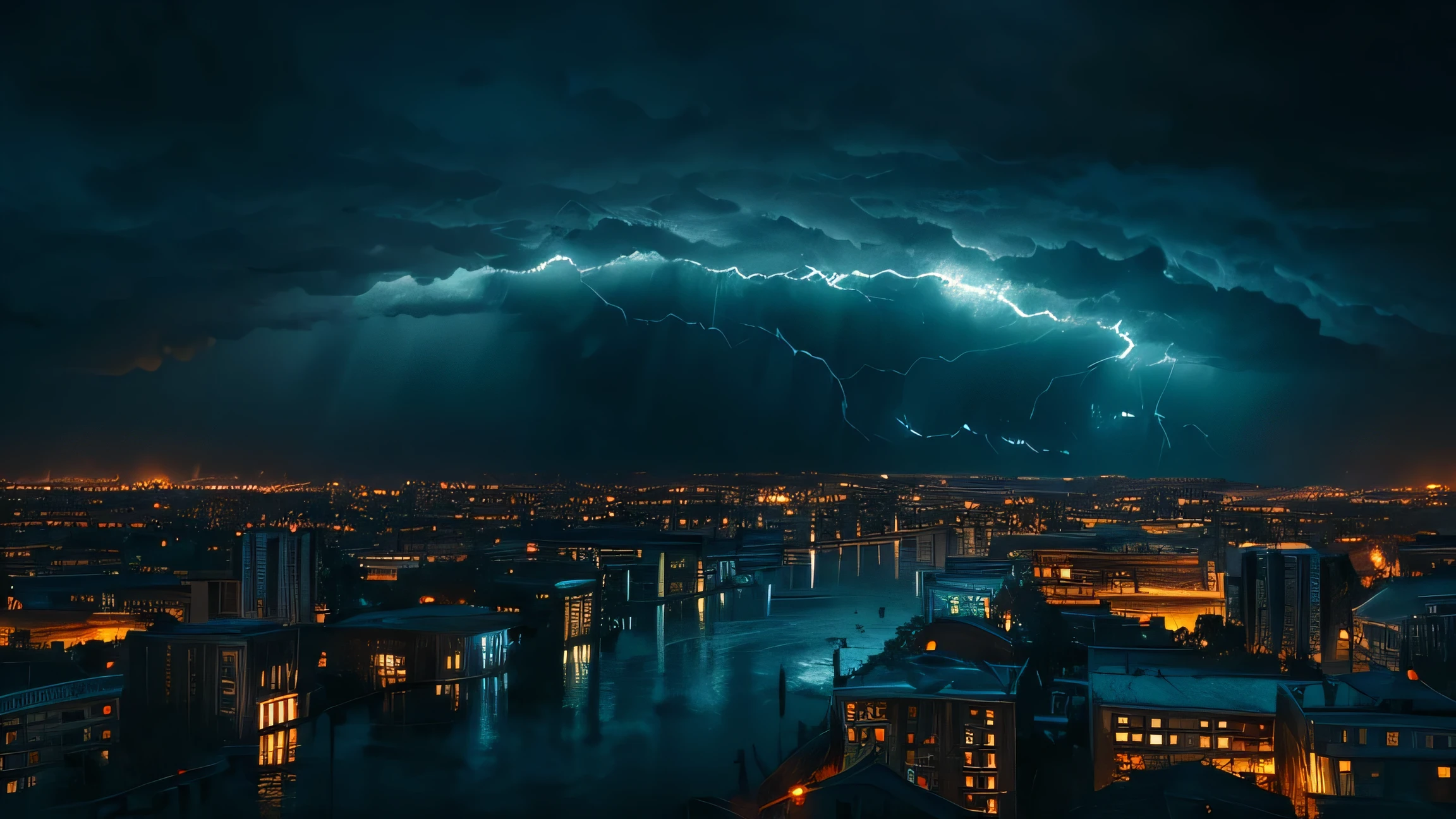 a cinematic hurricane illustration, a dramatic stormy sky, a flooded city landscape, rain and wind effects, detailed water splashes, cinematic lighting, dark moody colors, dramatic camera angles, photorealistic, 8k, highly detailed, masterpiece, HDR, dramatic storm clouds, epic scale, realistic environment, cinematic mood, intense weather effects, photographic realism