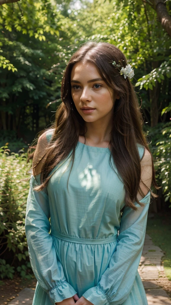 a beautiful woman in a serene garden, long flowing hair, piercing blue eyes, delicate facial features, elegant flowing dress, sunlight filtering through the trees, lush greenery, intricate flower arrangements, a sense of tranquility and peace, (best quality,4k,8k,highres,masterpiece:1.2),ultra-detailed,(realistic,photorealistic,photo-realistic:1.37),portrait,landscape,warm color tones,natural lighting