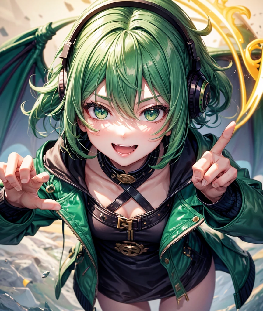 1Girl, cute, happy, short green hair, green eyes, dragon horn headphone, jacket, magic circle