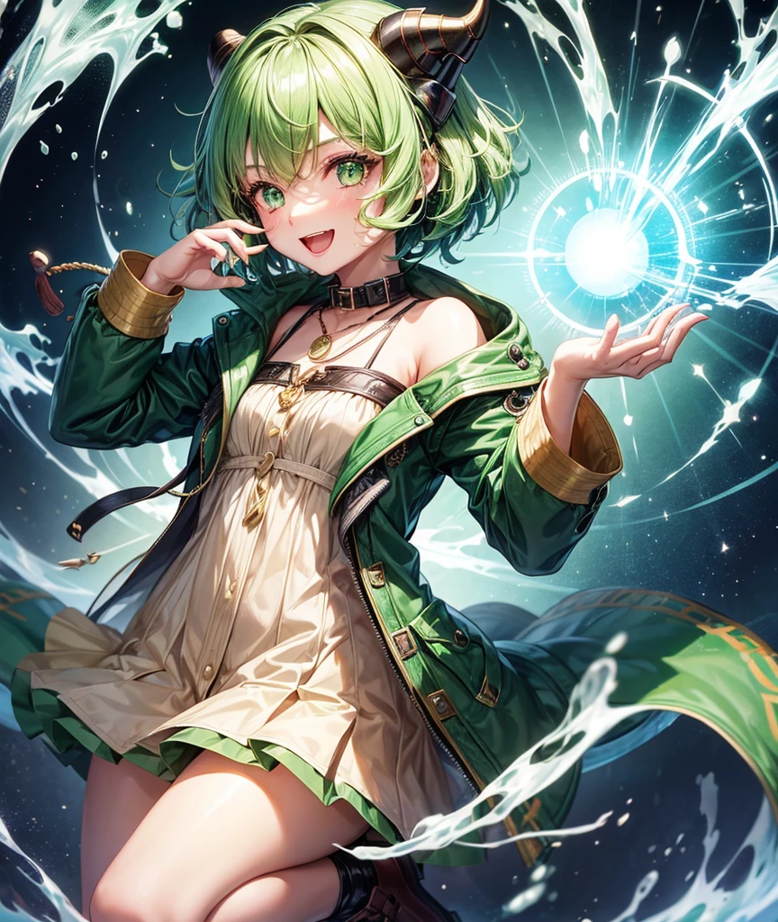 1Girl, cute, happy, short green hair, green eyes, dragon horn headphone, jacket, magic circle