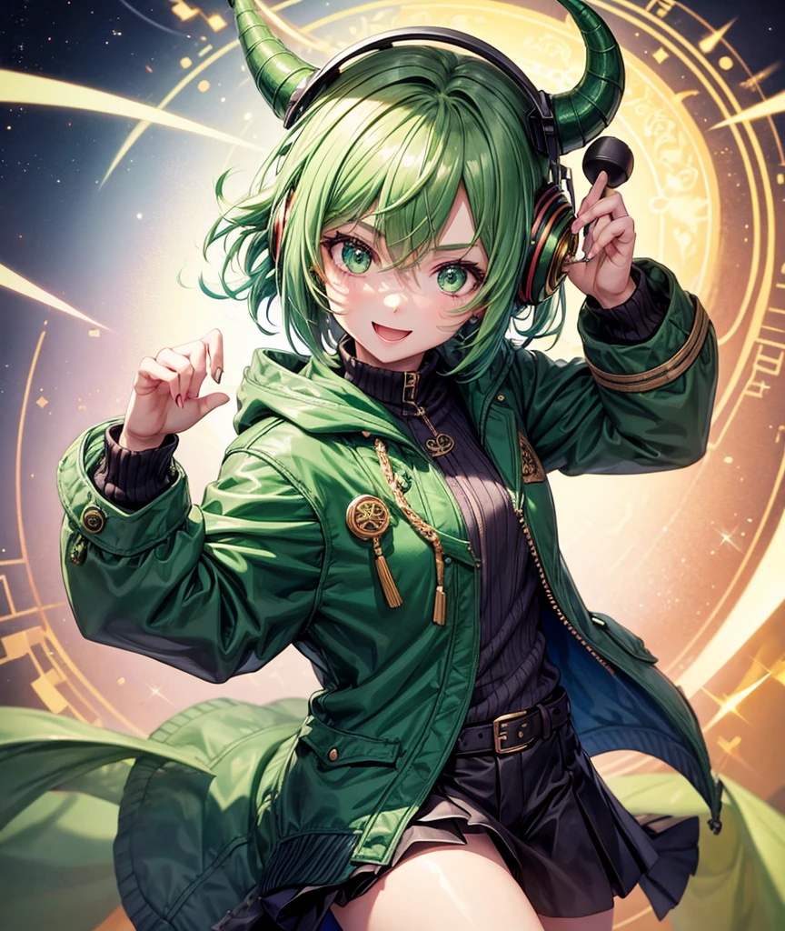 1Girl, cute, happy, short green hair, green eyes, dragon horn headphone, jacket, magic circle
