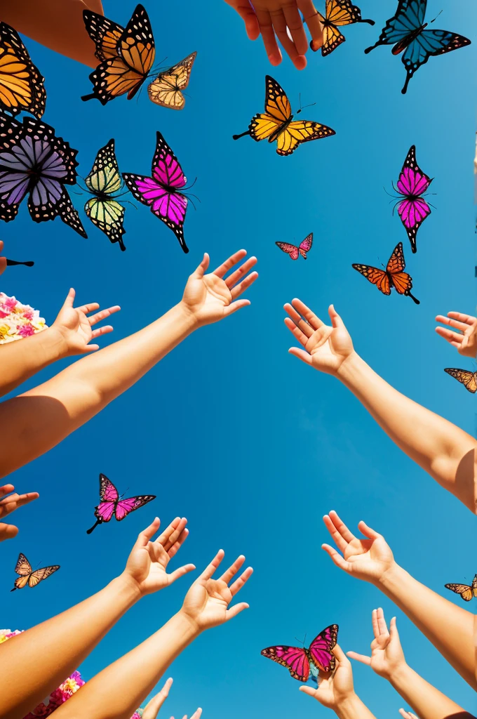 Hands worshiping towards the sky with colorful butterflies background