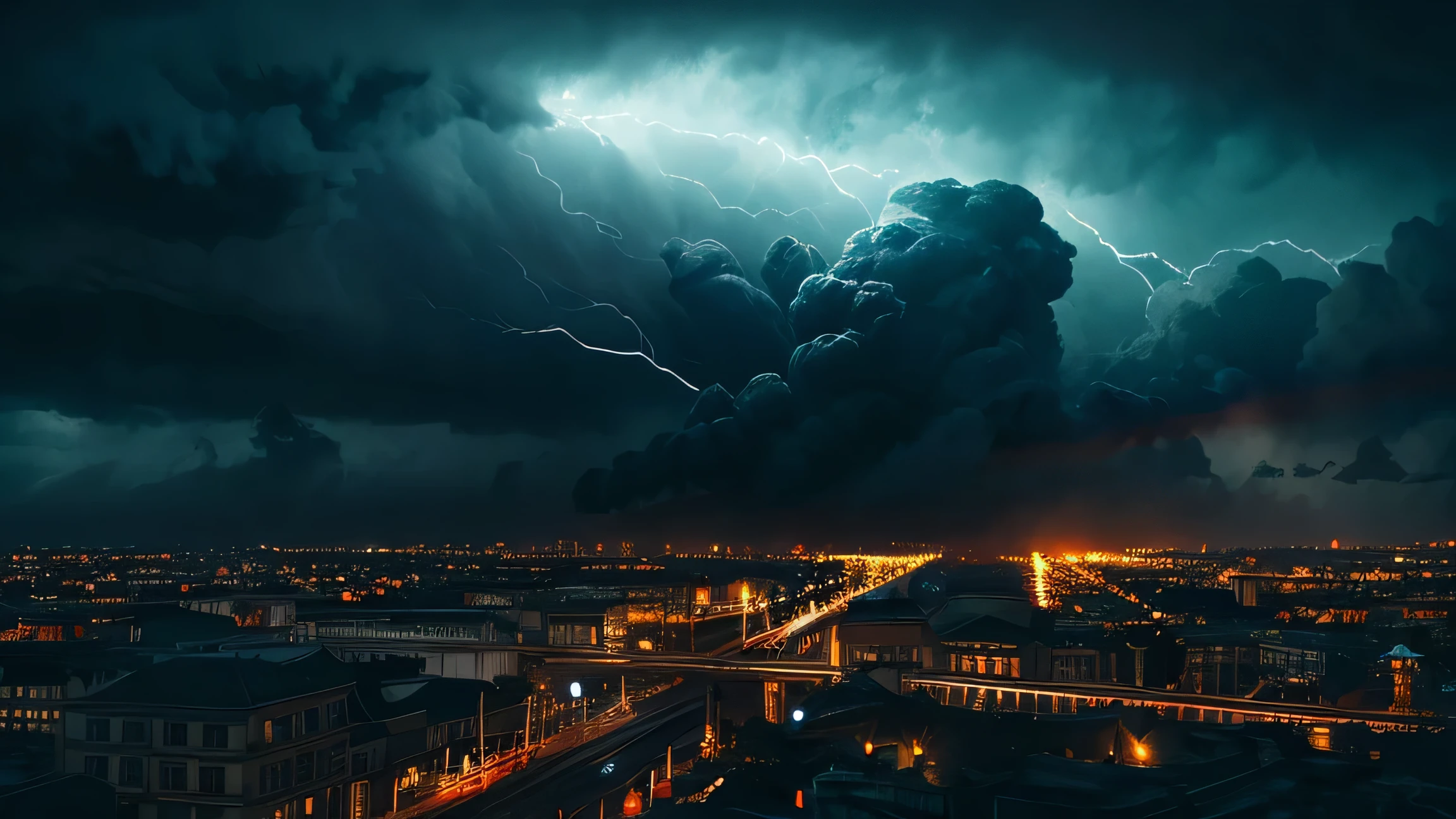 a cinematic hurricane illustration, a dramatic stormy sky, a flooded city landscape, rain and wind effects, detailed water splashes, cinematic lighting, dark moody colors, dramatic camera angles, photorealistic, 8k, highly detailed, masterpiece, HDR, dramatic storm clouds, epic scale, realistic environment, cinematic mood, intense weather effects, photographic realism