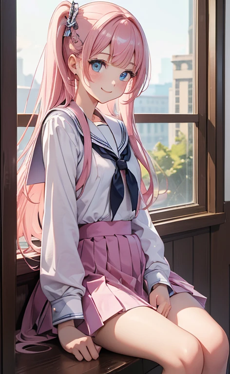 (masterpiece, top quality, very aesthetic, 4k、), intricate detail, 1girl,sit on the window sill、(cowboy shot)、light smile、(Super long sideburns)、
Cute 、pink hair、straight hair,middle hair,sidelock ,high school girl,blue eyes、serafuku、sailor uniform、small breasts,Slim 、