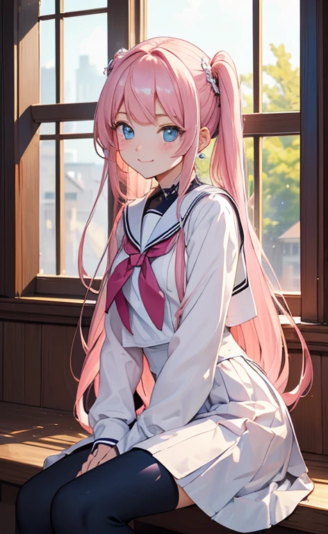 (masterpiece, top quality, very aesthetic, 4k、), intricate detail, 1girl,sit on the window sill、(cowboy shot)、light smile、(Super long sideburns)、
Cute 、pink hair、straight hair,middle hair,sidelock ,high school girl,blue eyes、serafuku、sailor uniform、small breasts,Slim 、