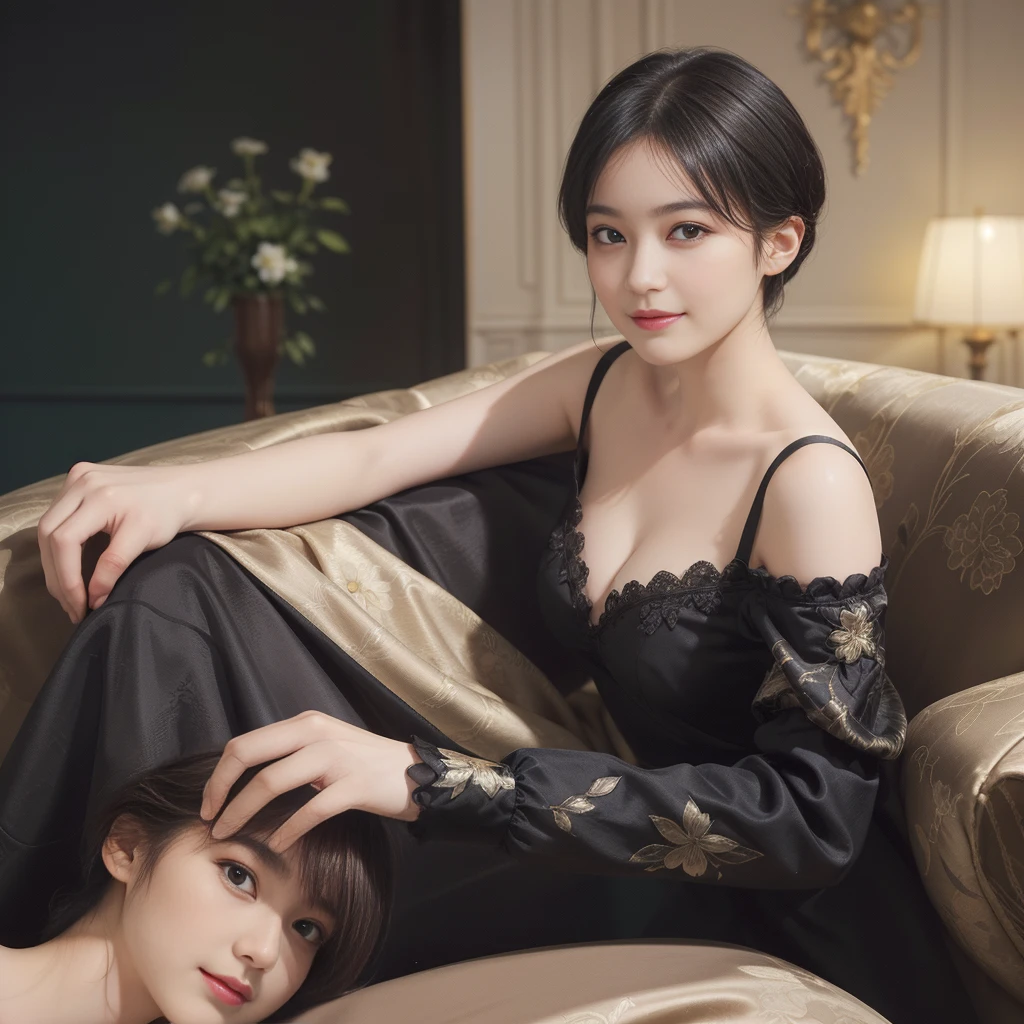 ((Best Quality))), (8K picture quality), ((Masterpiece)), (Very sophisticated、Beautiful fece), (wearing dresses) , (1womanl), (black-short-hair), Dress up, with floral pattern, Soft silk fabric, light, Gentle facial expressions, (A slight smil:1.3), ((lightand shade contrast)), Luxurious interior windowsill, ((breast))