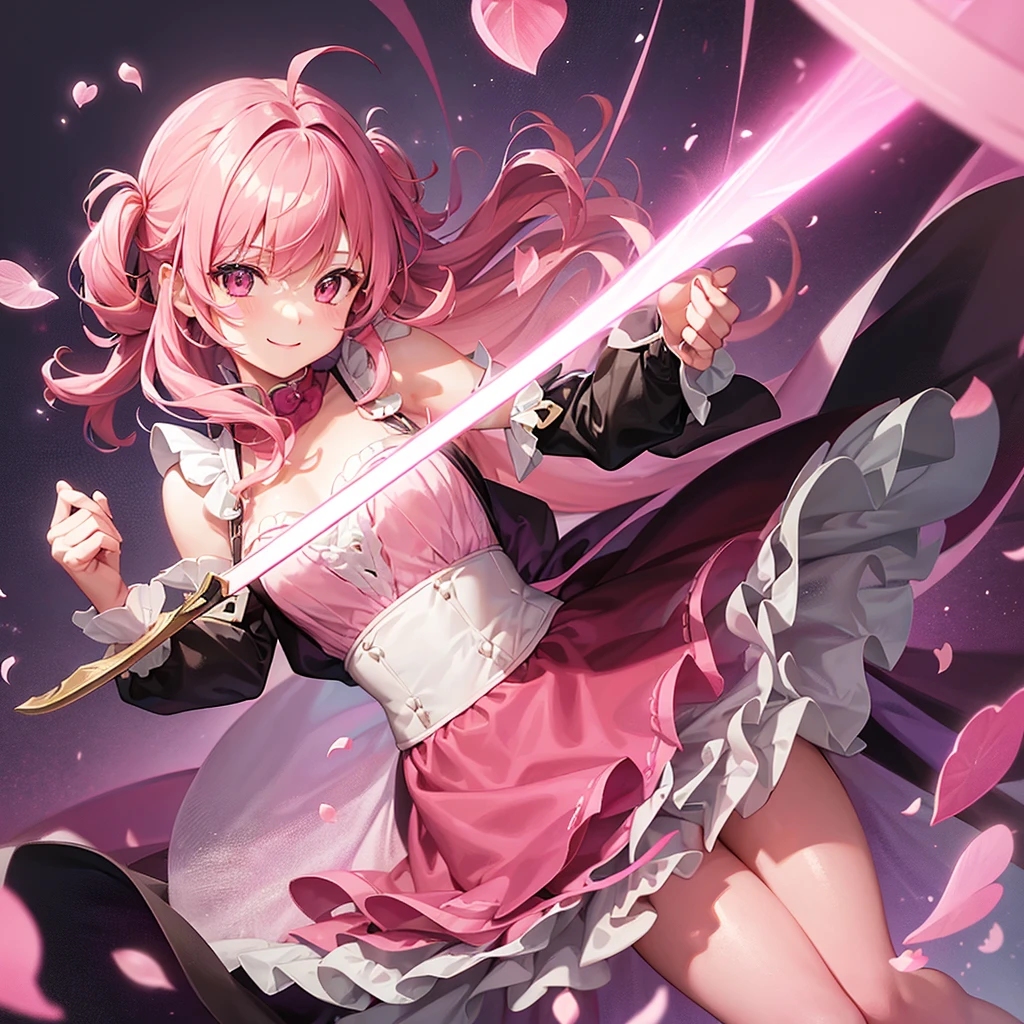 A girl with pink hair is holding a pink glowing sword. She is wearing a pink long-sleeved maid outfit. She has a cute smile. Her hair is half-pigtailed and she is wearing a fluffy curly head dress.