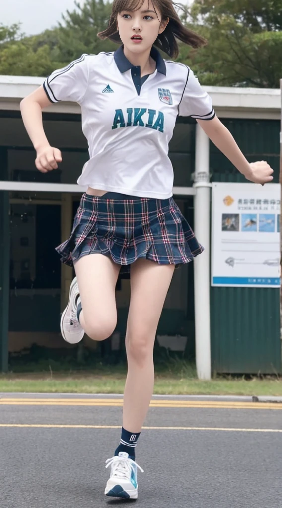 Battlefield Background,Wear a school uniform,Plaid miniskirt,The short-haired girl in sneakers is fleeing the battlefield,sweat,For the audience,Running Action,Full body close-up