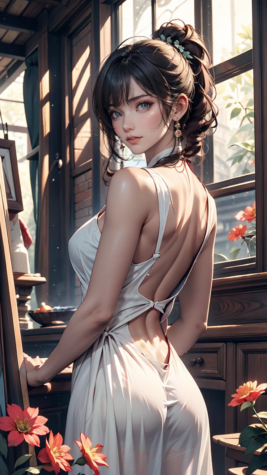 Myanmar girl big asyanmar summer dress with a wide open back、The flower painting is very detailed, Soft lighting effects, Cinematic look, Beautiful Hair、Sticking out her buttocks to show to the viewers