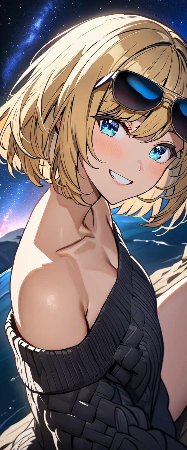 from side, ((grin)), sunglasses, hand to sunglasses, ((off-shoulder sweater:1.3, Quite thick shoulder straps)), ((black sweater)), ((Aran sweater)), (((from above))), ((((upper body)))), ((Leaning to side)), (((a beautiful starry sky, the Milky Way shining beautifully in the night))), ((sitting on the very high cliff)), wavy hair, inward curled hair, sea, ((blond hair, bob cut:1.3)), breasts, teenager, (looking at viewer), oversized clothes, puffy long sleeves, collarbone, head tilt:1.3, (((blue eyes))), happy smile, (((anime style))), (best quality, 4K, 8K, highres, masterpiece:1.2, ultra-detailed, ultra-detailed eyes, HDR, uhd, studio lighting, ultra-fine painting, sharp focus, physically-based rendering, extreme detail description, professional, vivid colors, bokeh)