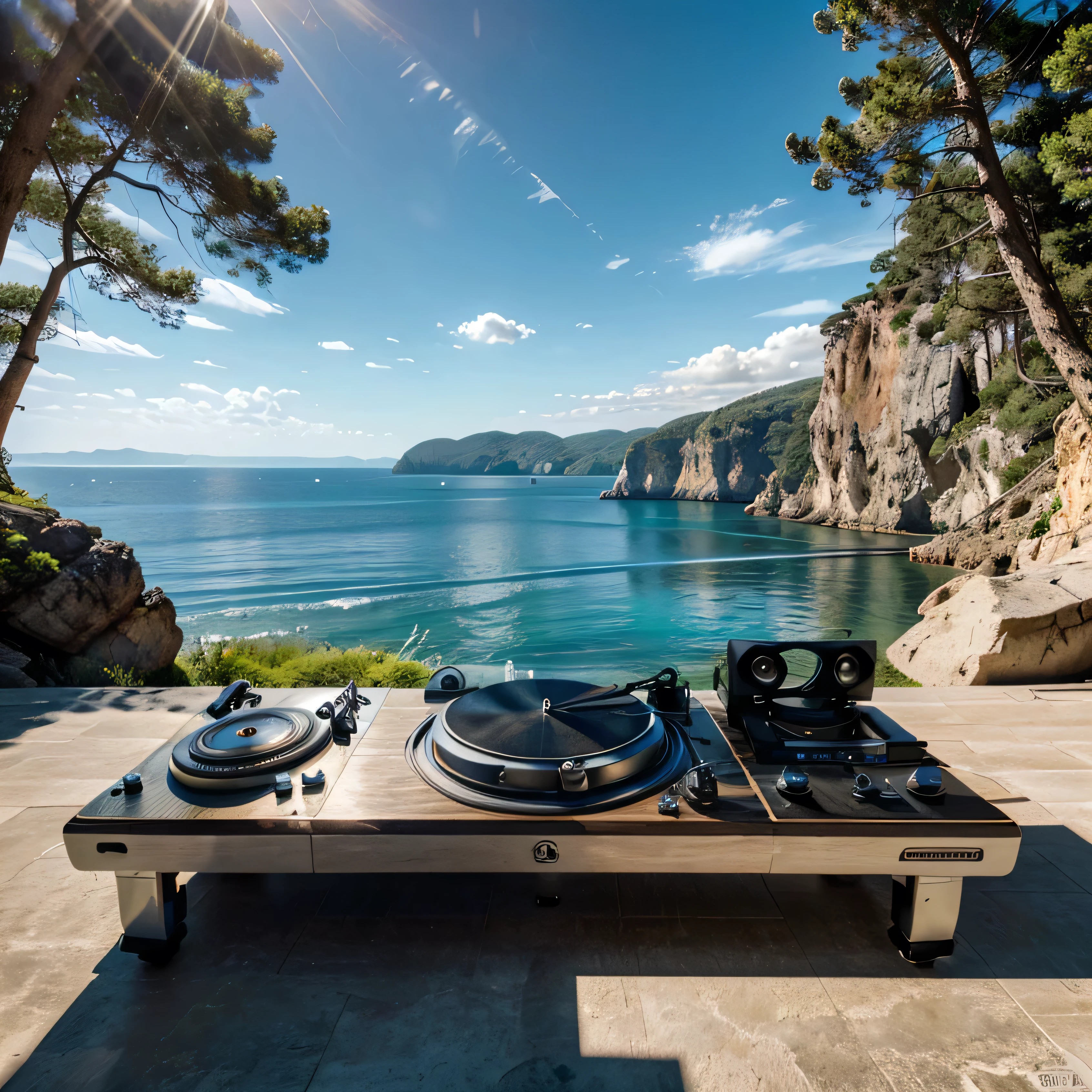 A DJ desk with turntable and speakers by the sea, with perfect sunshine and reflection of the light in the camera lens, Rocks and lake around, highly detailed natural environment, high-quality image, hyper-realistic, Kino-Look, HD in 32k--ar 3:2--im Stil Cartoon, pull