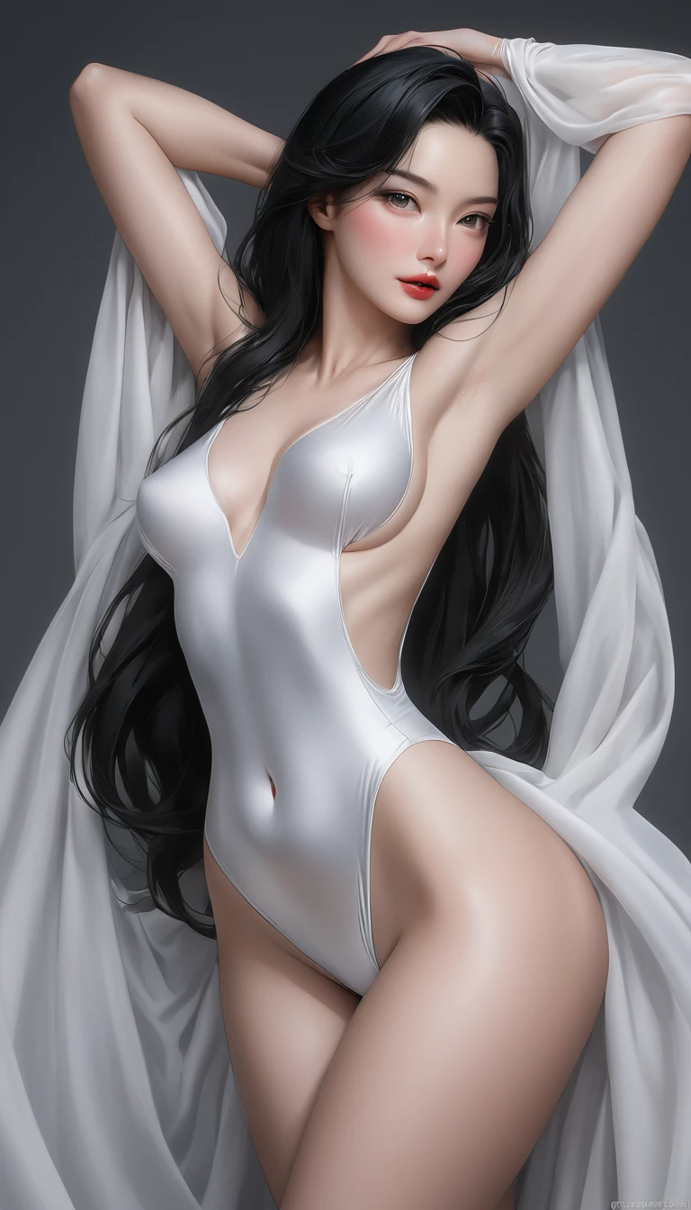 ((最大16K解像度のmasterpiece:1.6)), beautiful, Highest quality, Absolutely wonderful, high detail, Ultra-high resolution, masterpiece, Real, Realistic, The depth of the written world,
One elegant mature woman, Long black hair, beautiful顔, Highly detailed facial expressions, Gentle expression, Transparent white skin, Very delicate skin texture, Superb proportions, Anatomically correct body,
Elegant high leg swimsuit, snow-white color, Fine fabric texture、
Dark Gray Background,
Focus on the upper body,Close-up of face,