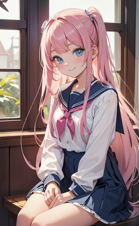 (masterpiece, top quality, very aesthetic, 4k、), intricate detail, 1girl,sit on the window sill、(cowboy shot)、light smile、(Super long sideburns)、
Cute 、pink hair、straight hair,middle hair,sidelock ,high school girl,blue eyes、serafuku、sailor uniform、small breasts,Slim 、