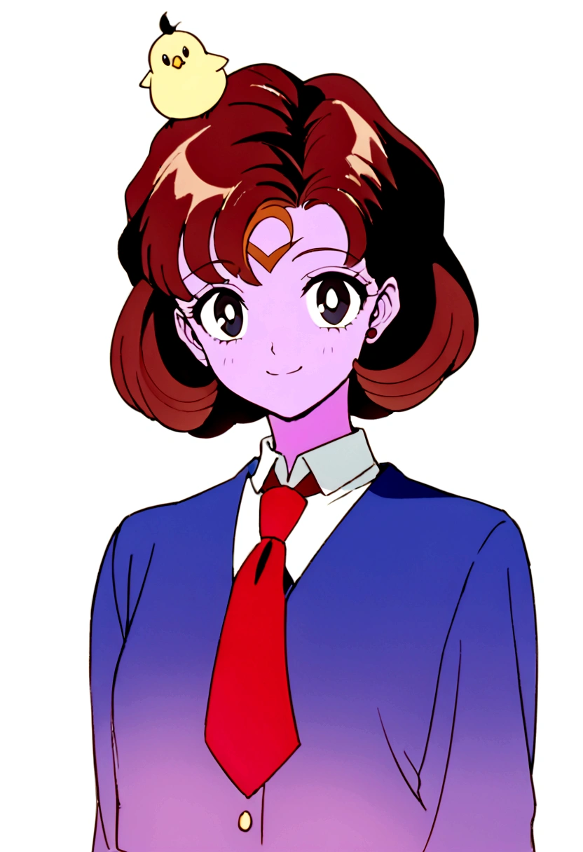 Youma body, pink skin, completely black eyes, little bird wings exclusively on her forehead near her bangs with two beige diamond markings between said wings, short brown hair, 1940's hairstyle, looking at viewer smiling, DD Girl,  sailor fuku with red tie, ears covered by hair.