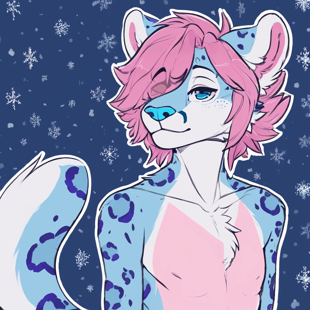 adult, feline, mammal, anthro, anthropomorphic, snow_leopard, striped, fur, striped_feline, fur, furred_anthro, femboy, male, light_pink, purple_hair, pink_hair fluffy, long_tail, blue_nose, expressive eyes, feline_ears, pink_hair, blue_fur, light_blue_chest, shy, small_pupils, spotted_pattern, stripes, digital_art, high_resolution, high_res, hand-drawn, pencil_lines, head_visible, background, neck_visible, seductive_face, blue_galaxy_background, white_outline, detailed_line_work, profile_picture, head_visible,