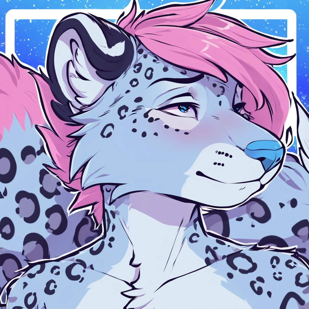 adult, feline, mammal, anthro, anthropomorphic, snow_leopard, striped, fur, striped_feline, fur, furred_anthro, femboy, male, light_pink, purple_hair, pink_hair fluffy, long_tail, blue_nose, expressive eyes, feline_ears, pink_hair, blue_fur, light_blue_chest, shy, small_pupils, spotted_pattern, stripes, digital_art, high_resolution, high_res, hand-drawn, pencil_lines, head_visible, background, neck_visible, seductive_face, blue_galaxy_background, white_outline, detailed_line_work, profile_picture, head_visible,
