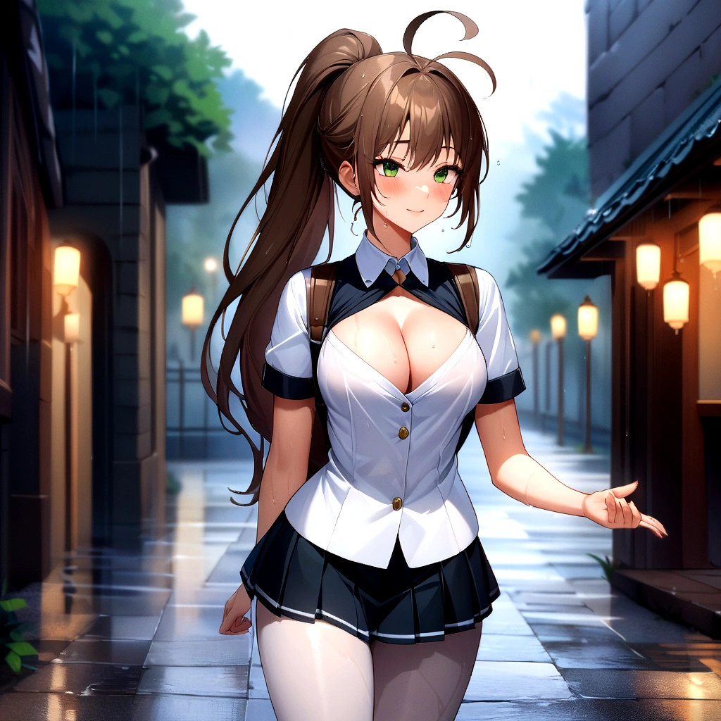 masterpiece, Highest quality, Official Art, (Highly detailed CG Unity 8k wallpaper), Detailed Background, (The Hands of Guido Daniele: 1.1), The legs are off the frame, First Person View, 1, Attractive and perfect beautiful woman, Female student, JK, Female student Uniform, Wet day, Lots of rain, the wind is strong, (Curvaceous), ( White thighs: 1.12), (Brown long hair: 1.12), (Ahoge (1.13), (High Ponytail: 1.12), (Green Eyes: 1.13), big, (Cleavage), Beautiful Face, (blush: 1.11), (smile: 1.11)