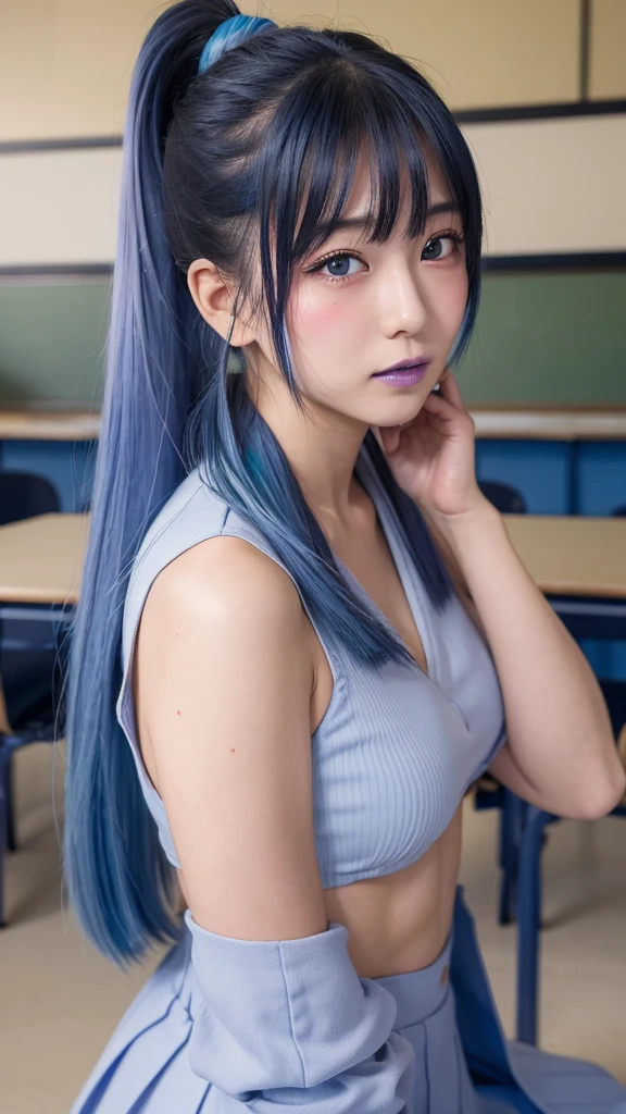 japanese girl, (Highest quality), (Ultra-high resolution), (Realistic), ((classroom)), sky blue hair, Ponytail, ((blue lipstick)), eyeshadow, eyeliner, (abs), (((blushing cheek))), Beautiful face in every detail, embarrassed