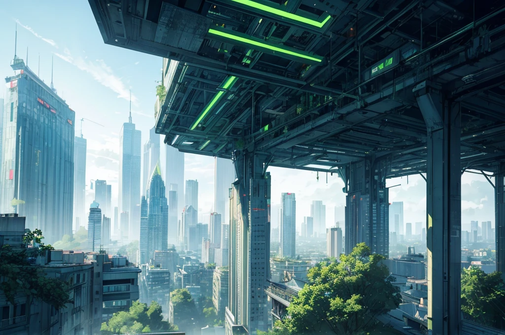 Futureuturistic city, skyscraper, green theme, green light, HDR, 4k resolution, blue light, high contrast, green plant
