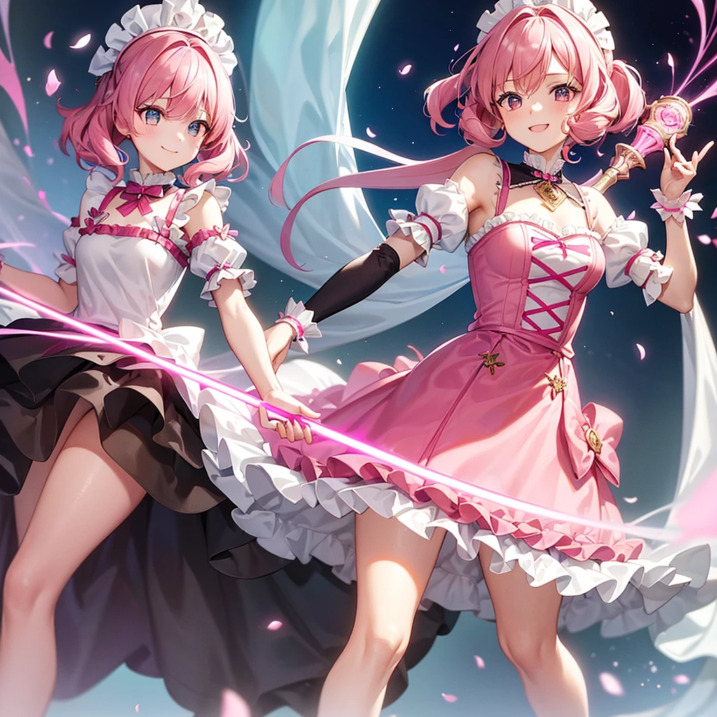 A girl with pink hair is holding a pink glowing sword. She is wearing a pink long-sleeved maid outfit. She has a cute smile. Her hair is half-pigtailed and she is wearing a fluffy curly head dress.