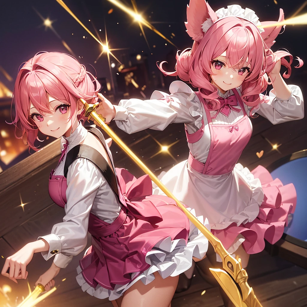A girl with pink hair is holding a pink glowing sword. She is wearing a pink long-sleeved maid outfit. She has a cute smile. Her hair is half-pigtailed and she is wearing a fluffy curly head dress.