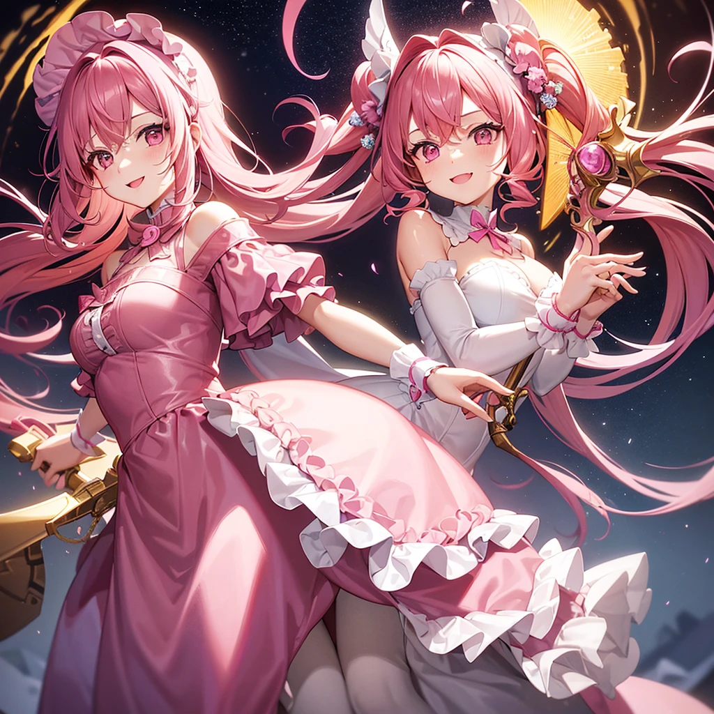 A girl with pink hair is holding a pink glowing sword. She is wearing a pink long-sleeved maid outfit. She has a cute smile. Her hair is half-pigtailed and she is wearing a fluffy curly head dress.