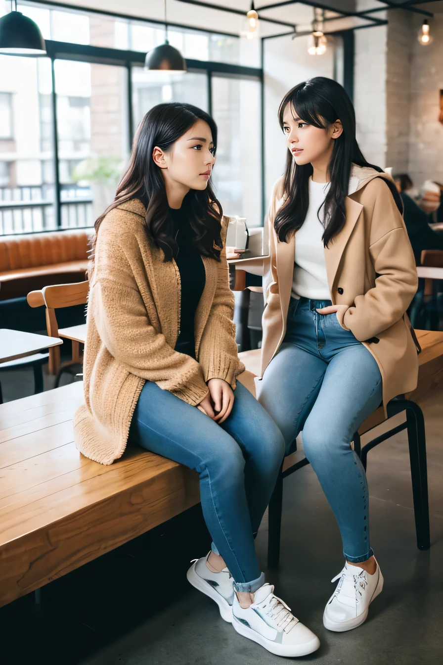 high quality,16K:1.1),(, Two women sitting on chairs in a coffee shop)sit facing each other across a desk、We are chatting、(Full Body Shot:1.2),Black Hair、Curly Hair、ear piercing、smile、Beautiful teeth alignment、((coat、sweater、Skinny jeans、、sneakers)), ,(View your audience:1.3),Coffee shop in the background