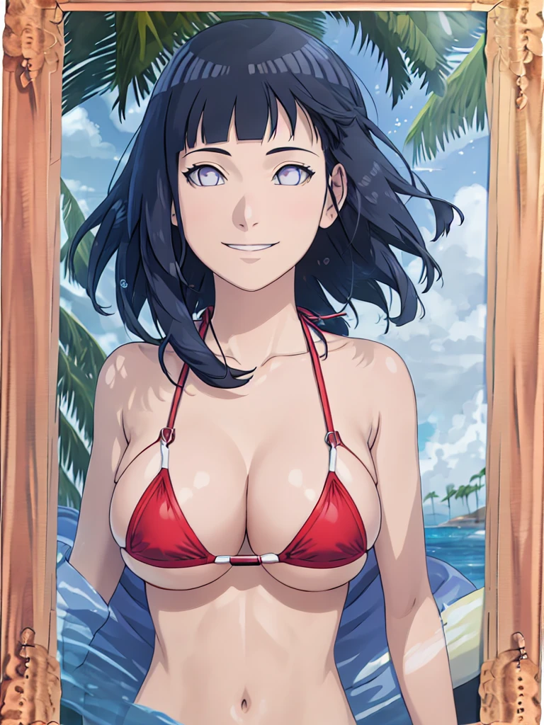 (hinata\(boruto\), (high quality:1.8), (upper body:1.7), (scene inside photo frame:1.8), ), (:1.3), (naked, (red bikini:1.6), (palm tree:1.5), (smile:1.1), (toned body:1.2), (shiny skin:1.3), (biceps:1.0), (ultra detailed:1.5), (background: windy beach). (anime, tall woman, cowboy shot, (defined abdomin:0.9), ((bare arms, bare arms, bare shoulders)), (long belly:1.2), (wide shoulders, off-shoulders), smile), (big breastale skin)). ((dark blue:1.3, short hair, hime cut، loose hair, floating hair, floating hair),