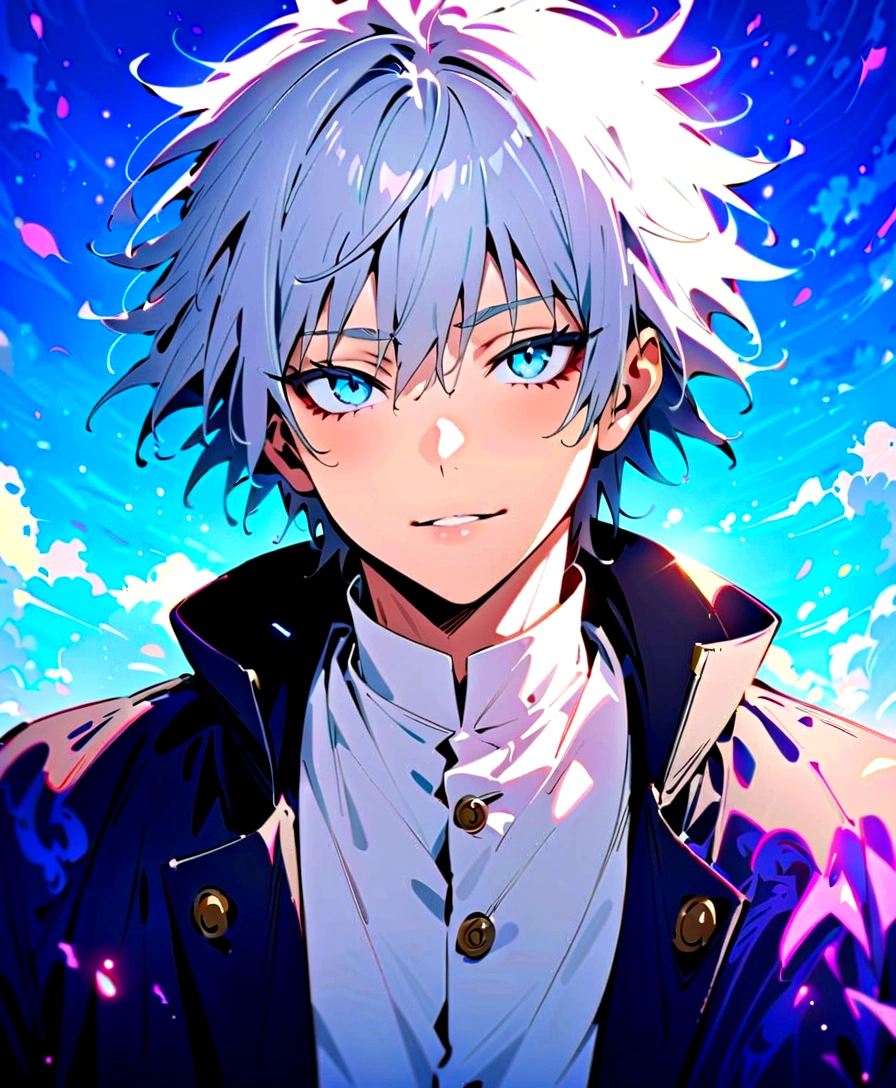 (masterpiece:1.3),(Highest quality:1.4),(Very detailedな:1.5),High resolution,Very detailed,8K,(1 male,Gojo Satoru,JUJUTSU KAİSEN,Gray Hair)Gojo Satoru,Be confident々smile,Beautiful Blue Eyes、（The background is blue and purple space）Intricate details,Wide range of colors,artwork