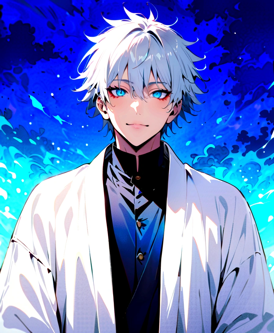 (masterpiece:1.3),(Highest quality:1.4),(Very detailedな:1.5),High resolution,Very detailed,8K,(1 male,Gojo Satoru,JUJUTSU KAİSEN,Gray Hair)Gojo Satoru,Be confident々smile,Beautiful Blue Eyes、（The background is blue and purple space）Intricate details,Wide range of colors,artwork