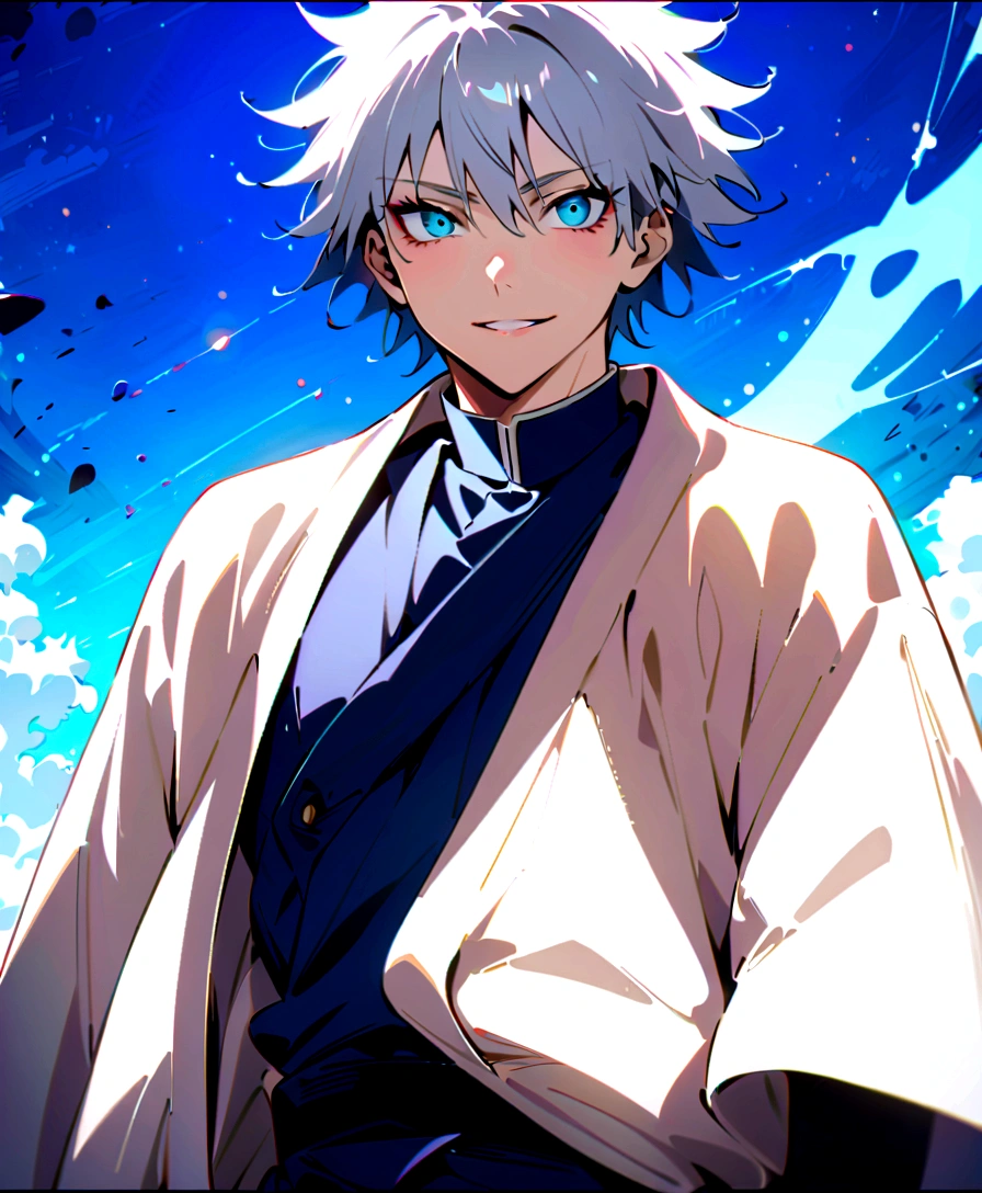 (masterpiece:1.3),(Highest quality:1.4),(Very detailedな:1.5),High resolution,Very detailed,8K,(1 male,Gojo Satoru,JUJUTSU KAİSEN,Gray Hair)Gojo Satoru,Be confident々smile,Beautiful Blue Eyes、(The background is blue and purple space)Intricate details,Wide range of colors,artwork