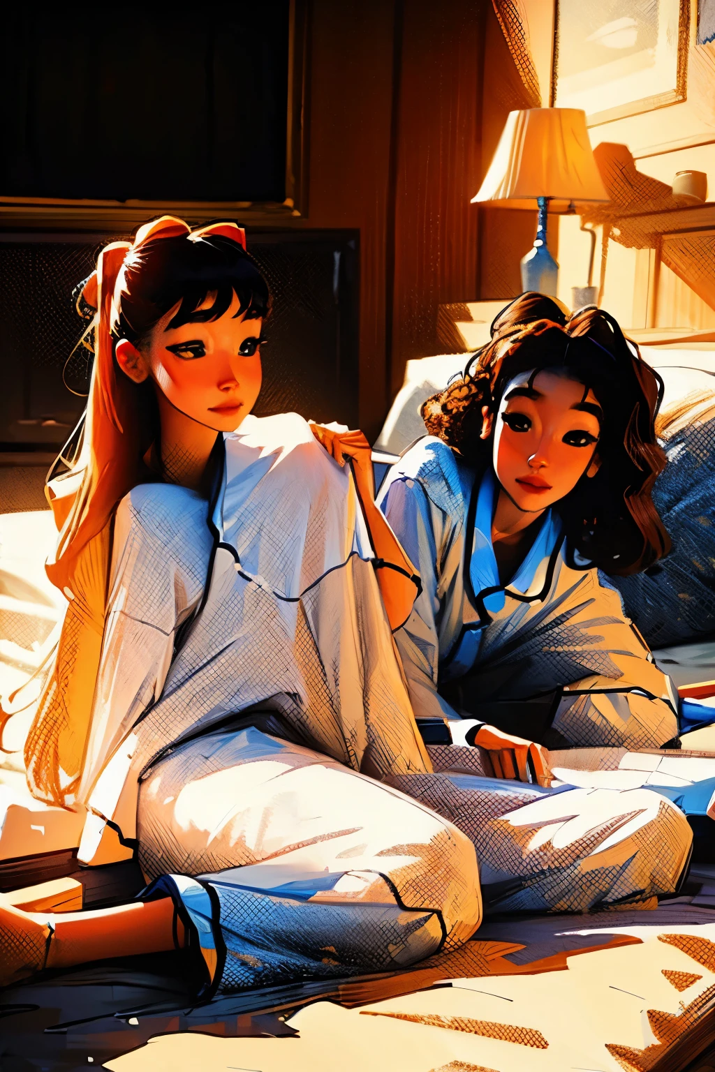 ((masterpiece)), (best quality), (Extremely detailed), ((Very detailed)), pajamas,Five teenage girls