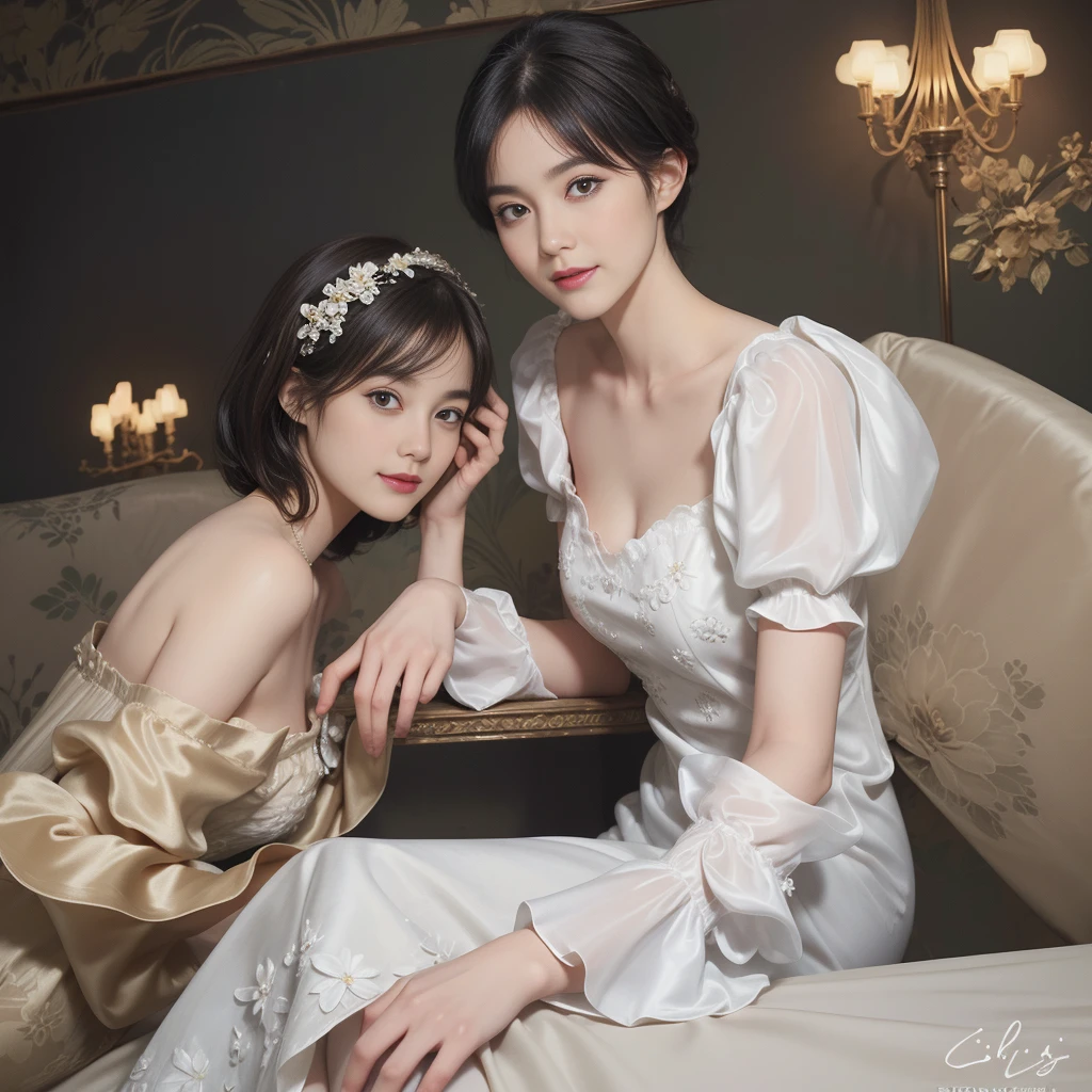((Best Quality))), (8K picture quality), ((Masterpiece)), (Very sophisticated、Beautiful fece), (wearing dresses) , (1womanl), (black-short-hair), Dress up, with floral pattern, Soft silk fabric, light, Gentle facial expressions, (A slight smil:1.3), ((lightand shade contrast)), Luxurious interior windowsill, ((breast))