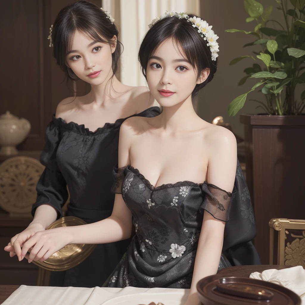 ((Best Quality))), (8K picture quality), ((Masterpiece)), (Very sophisticated、Beautiful fece), (wearing dresses) , (1womanl), (black-short-hair), Dress up, with floral pattern, Soft silk fabric, light, Gentle facial expressions, (A slight smil:1.3), ((lightand shade contrast)), Luxurious interior windowsill, ((breast))